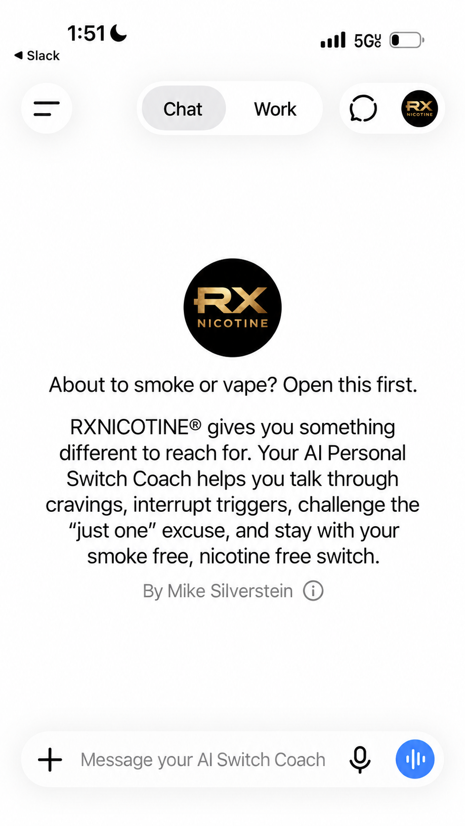 The RXNICOTINE AI Switch Coach with the Voice button highlighted